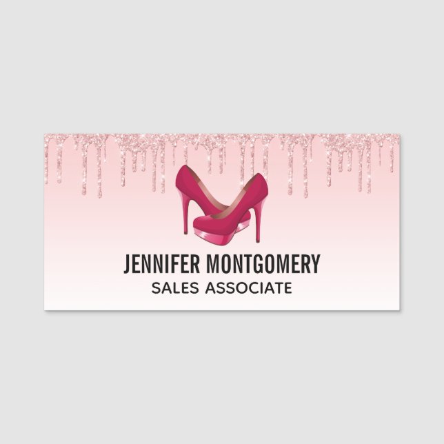 Moderne rosa Glitzer-Tropfen & High Heels Namensschild (Vorderseite)