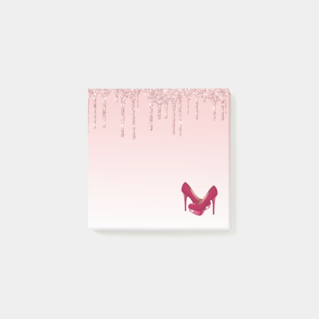 Moderne rosa Glitzer-Tropfen & High Heels Post-it Klebezettel (Vorderseite)