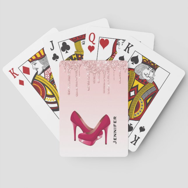 Moderne rosa Glitzer-Tropfen & High Heels Spielkarten (Rückseite)
