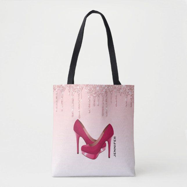 Moderne rosa Glitzer-Tropfen & High Heels Tasche (Vorderseite)