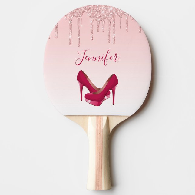 Moderne rosa Glitzer-Tropfen & High Heels Tischtennis Schläger (Vorderseite)