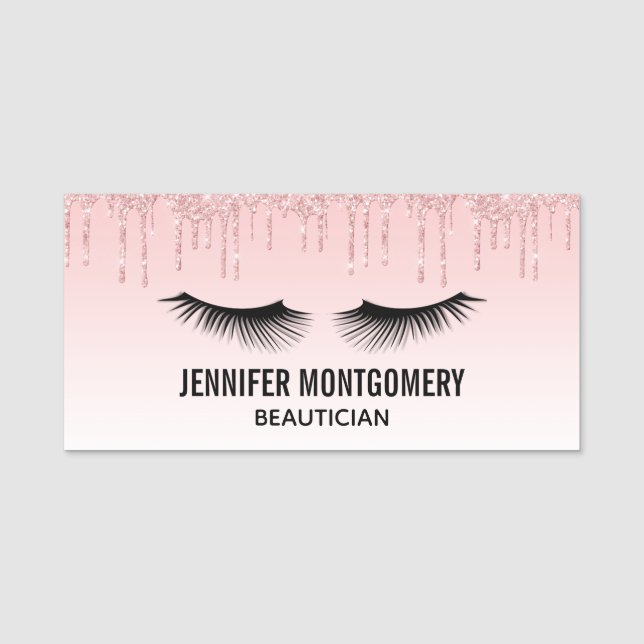 Moderne rosa Glitzer Tropfen und Black Eyelashes Namensschild (Vorderseite)