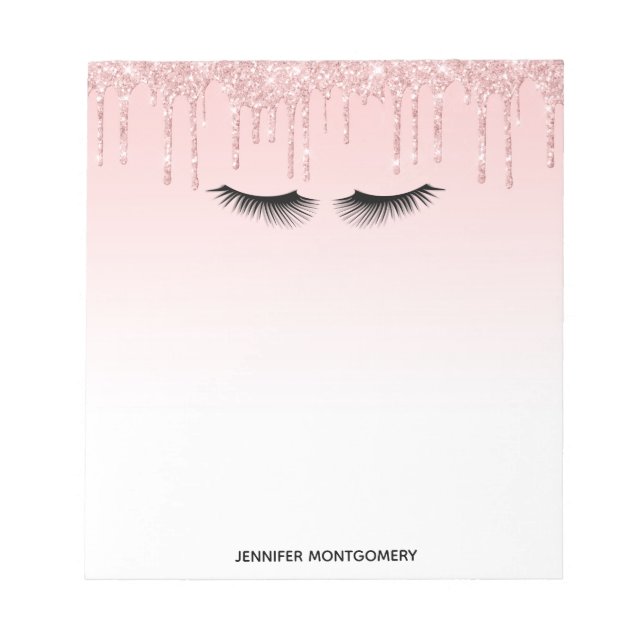 Moderne rosa Glitzer Tropfen und Black Eyelashes Notizblock (Vorderseite)