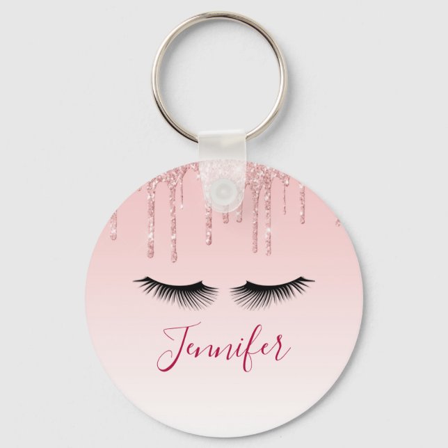 Moderne rosa Glitzer Tropfen und Black Eyelashes Schlüsselanhänger (Vorderseite)