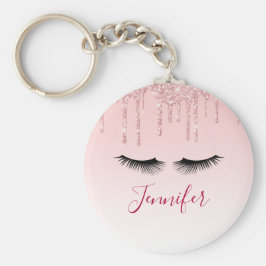 Moderne rosa Glitzer Tropfen und Black Eyelashes Schlüsselanhänger
