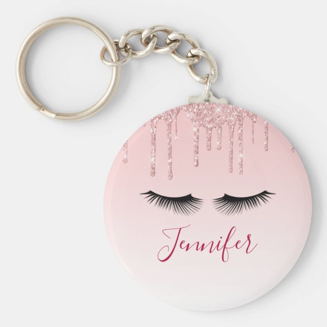 Moderne rosa Glitzer Tropfen und Black Eyelashes Schlüsselanhänger (Vorne)