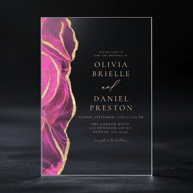 Moderne Rosa Gold Agate Hochzeit Acryleinladungen (Von Creator hochgeladen)