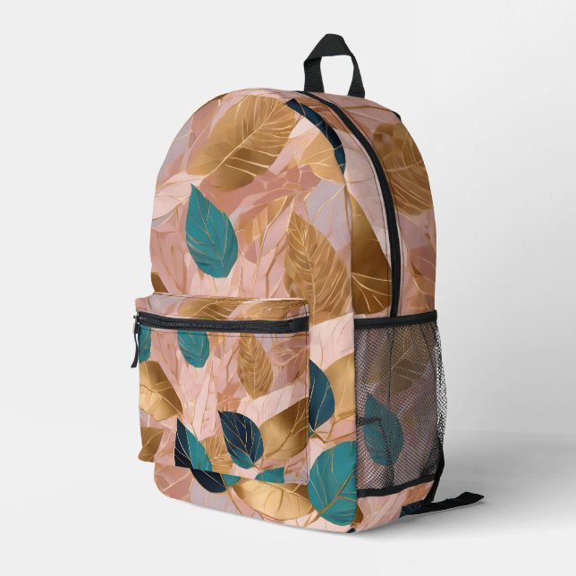 Moderne Rosa Gold Boho Blätter Collection Bedruckter Rucksack (Rückseitige Ecke Rechts)