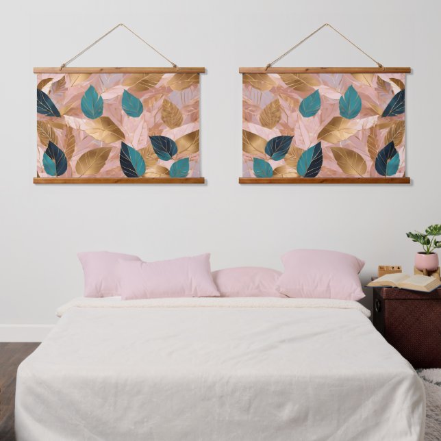 Moderne Rosa Gold Boho Blätter Collection Wandteppich Mit Holzrahmen (Schlafzimmer)