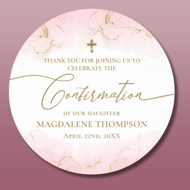 Moderne rosa Gold Cross Girl-Bestätigung Runder Aufkleber (Von Creator hochgeladen)