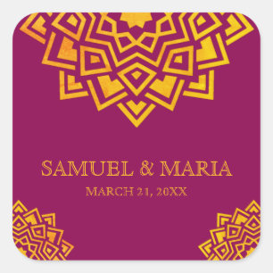 Moderne rosa Gold Mandala indische Hochzeitsgunst Quadratischer Aufkleber