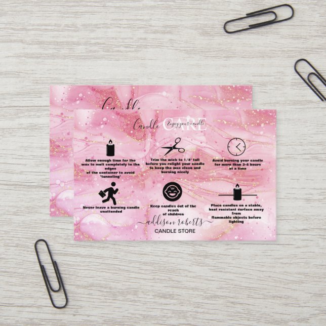 Moderne rosa goldene Wasserfarben Candle Care Visitenkarte (Vorderseite/Rückseite Beispiel)