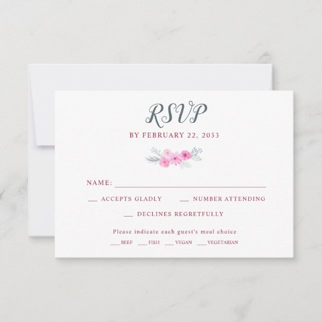 Moderne rosa graue Aquarellfarben Blume Frühjahrsh RSVP Karte (Vorderseite)