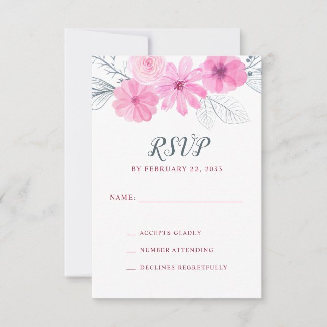 Moderne rosa graue Aquarellfarben Blume Frühjahrsh RSVP Karte (Vorderseite)