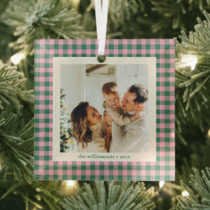 Moderne rosa grüne Familienfoto-Andenken Weihnacht Ornament Aus Glas