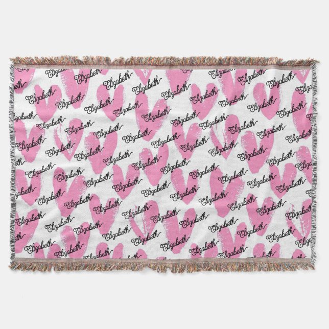 Moderne rosa Herzen Aquarelltextkalligraphie Decke (Vorderseite)