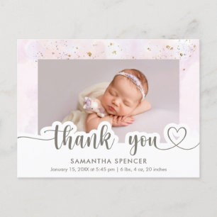 Moderne rosa Kalligrafie Foto Baby Mädchen Danke Postkarte