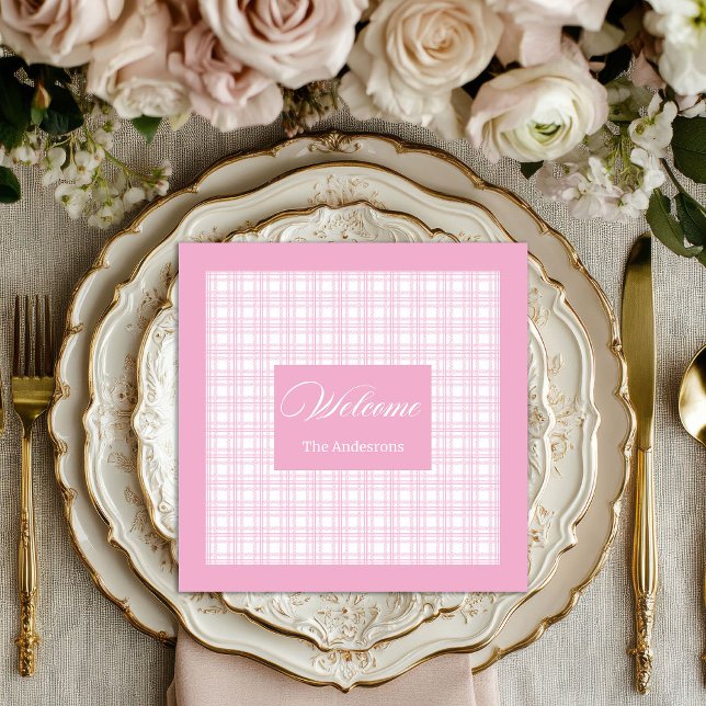 Moderne rosa Karierte Napkins Personalisiert Elega Serviette (Modern Pink Plaid Napkins Personalized Elegant)