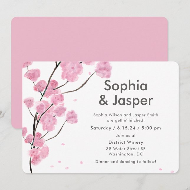 Moderne rosa Kirschblüten laden zur Hochzeit ein Einladung (Vorne/Hinten)