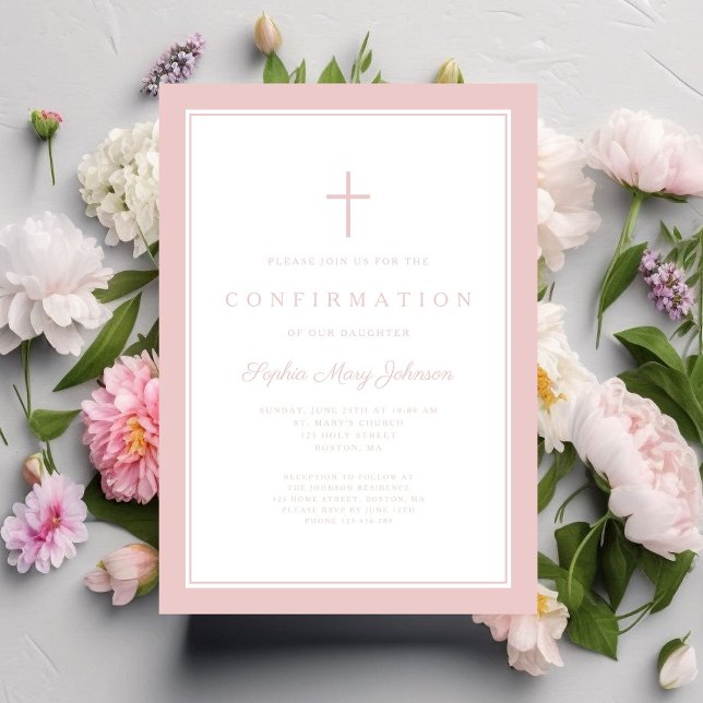 Moderne rosa Kreuz Mädchen Konfirmation Einladung (Modern Pink Cross Girl Confirmation Invitation)