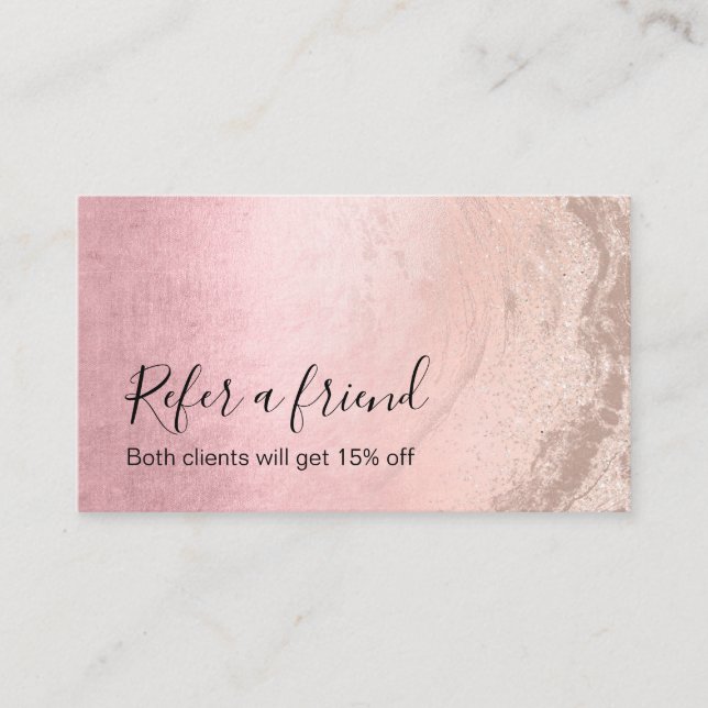 Moderne rosa Kupfer-Rose Gold Glitzer Makeup Künst Empfehlungskarte (Vorderseite)