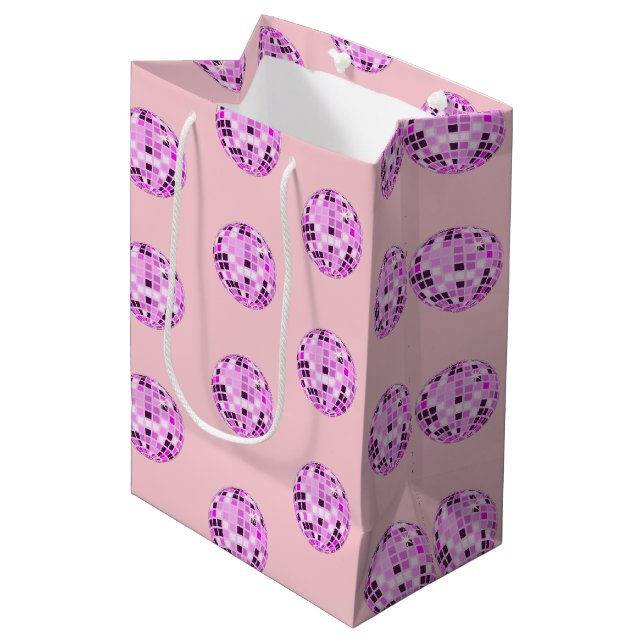 Moderne rosa Lila Diskothek Ball Muster Pastellros Mittlere Geschenktüte (Vorderseite Schrägansicht)