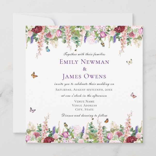 Moderne rosa Lila Florals & Butterflies Hochzeiten Einladung (Vorderseite)