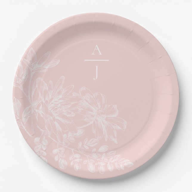 Moderne rosa Monogram, florale Papierplatte Pappteller (Vorderseite)