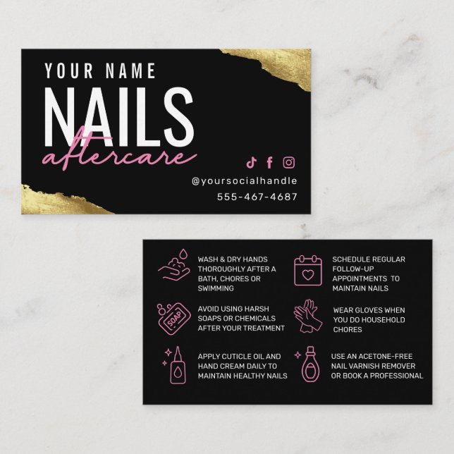 Moderne rosa Nägel Aftercare Card Visitenkarte (Vorne/Hinten)