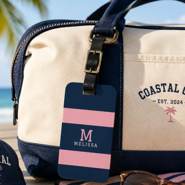 Moderne rosa-navyblaue Küstenstreifen-Monogramm Gepäckanhänger (Von Creator hochgeladen)