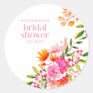 Moderne rosa-orange Aquarell-Blumen-Brautparty Runder Aufkleber