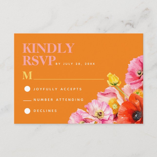 Moderne rosa orange-gelbe Blumenhochzeit RSVP Begleitkarte (Vorderseite)