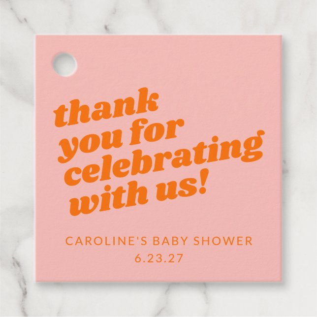 Moderne rosa Orange Retro Baby Dusche Vielen Dank Geschenkanhänger (Vorderseite)
