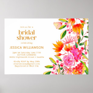 Moderne rosa-orange Wasserfarbe Floral-Brautparty Poster