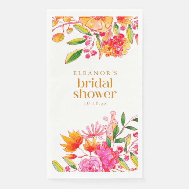 Moderne rosa-orange Wasserfarben-Blumen-Brautdusch Serviette (Vorderseite)