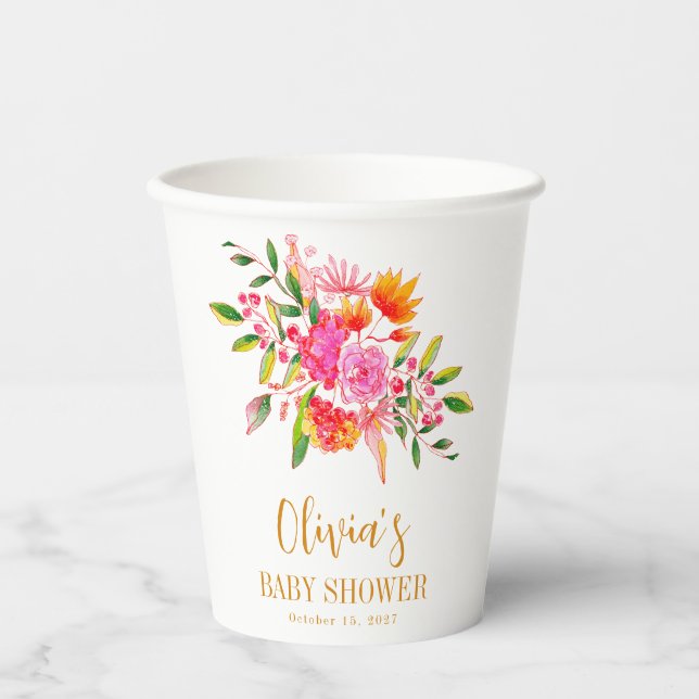 Moderne rosa orangefarbene Blütendusche Pappbecher (Vorderseite)