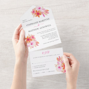 Moderne rosa Orangefarbene Hochzeit mit Blumen All In One Einladung
