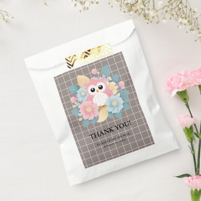 Moderne rosa Owl Blütendusche & Grid Baby Dusche Geschenktütchen (Versiegelt)