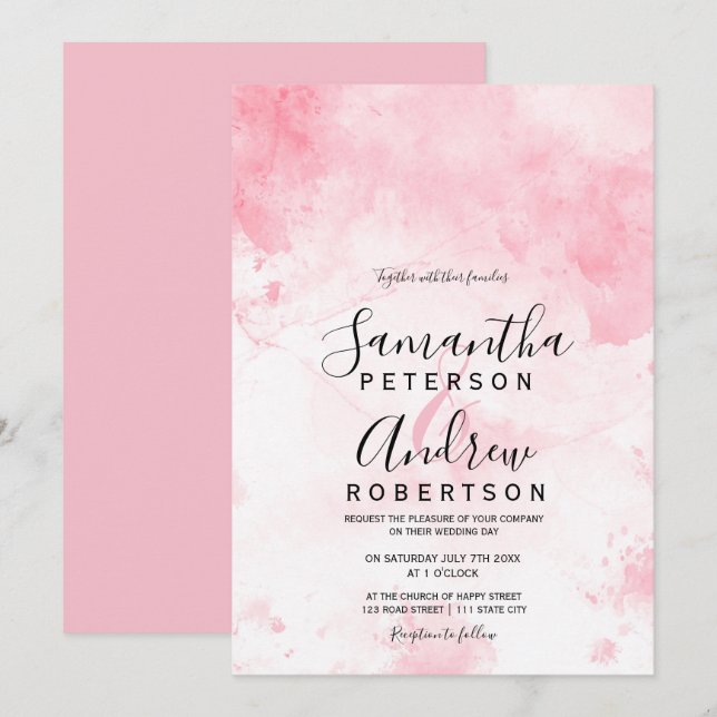 Moderne rosa pastellfarbene Aquarellfarben Hochzei Einladung (Vorne/Hinten)