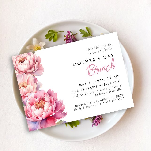 Moderne rosa Peones Blumenmütter tagbrunch Einladung (Von Creator hochgeladen)