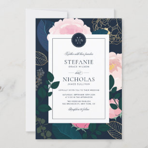 Moderne rosa Peonies Gold Foil Monogram II Hochzei Einladung