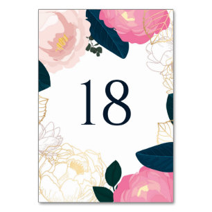 Moderne rosa Pfingstrosen Goldfolie Navy Blau Hoch Tischnummer