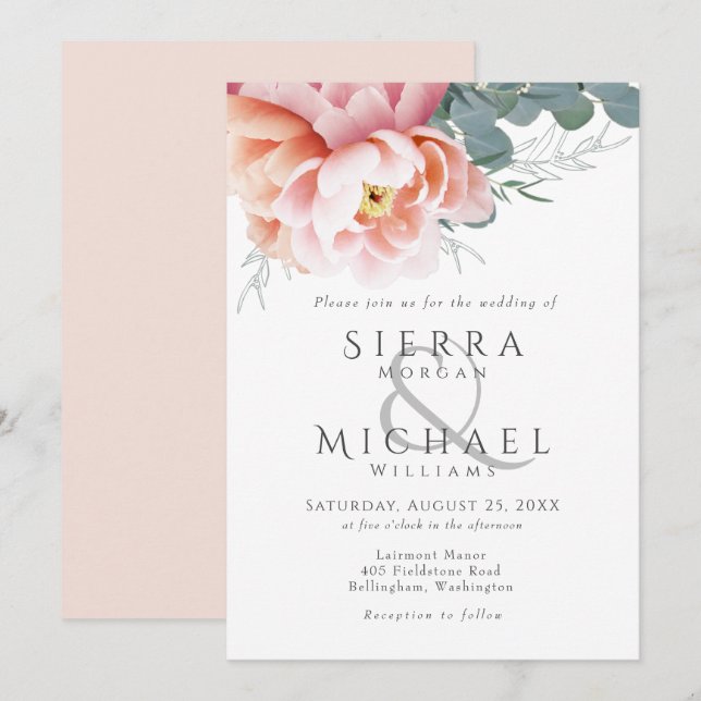 Moderne Rosa Pfirsichpfirsichblütenhochzeit Einladung (Vorne/Hinten)