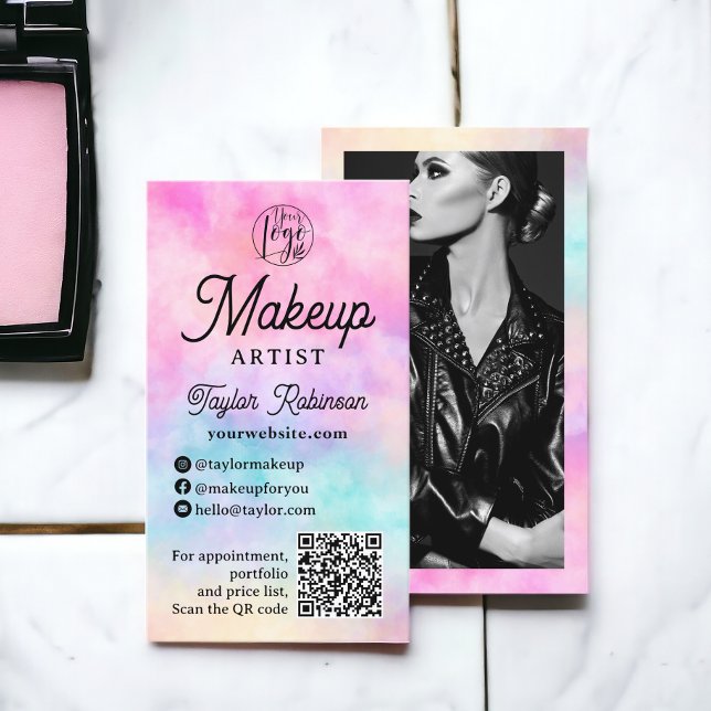 Moderne rosa Regenbogenfarben Visitenkarte (Modern pink rainbow watercolor makeup artist business card)