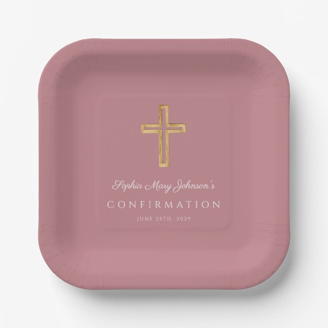 Moderne rosa religiöse Kreuz Mädchen Konfirmation Pappteller (Vorderseite)