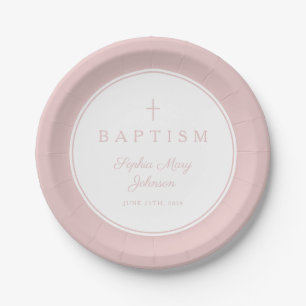Moderne rosa religiöse Kreuz Mädchen Taufe Pappteller