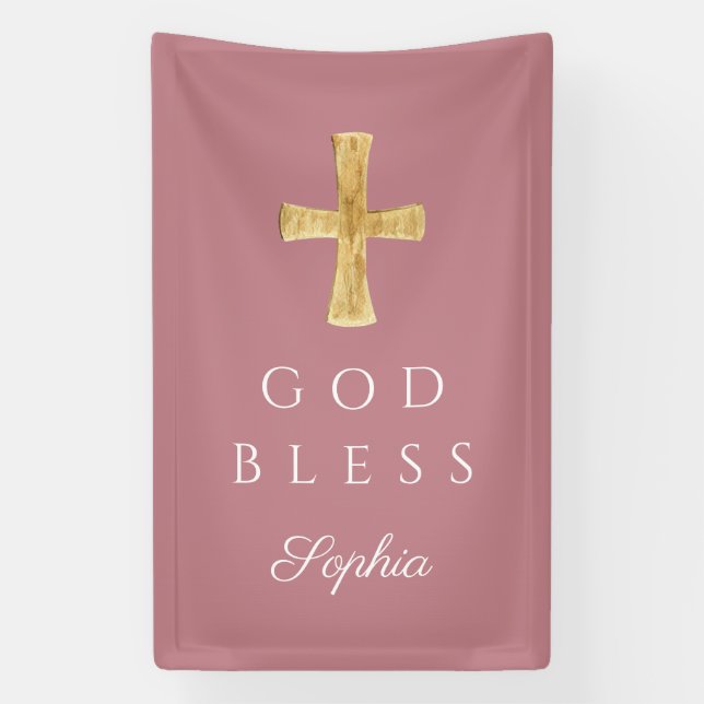 Moderne rosa religiöse Kreuzmädchen Gott segne Banner (Vertikal)