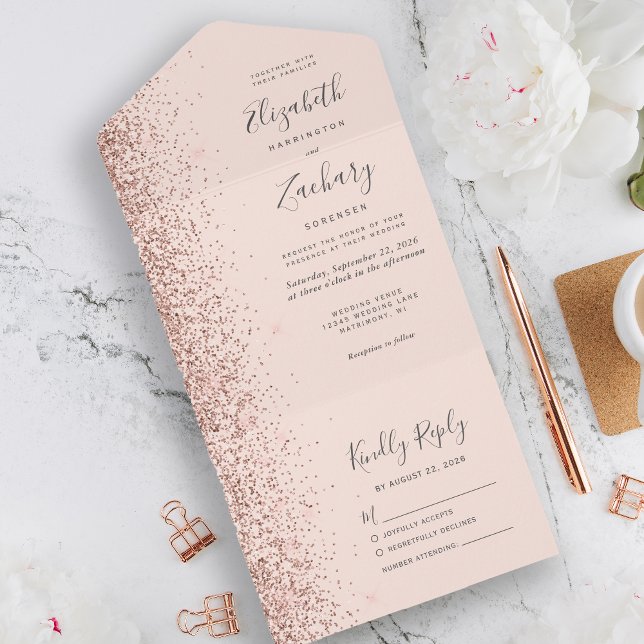 Moderne Rosa Rose Gold Glitzer Hochzeit All In One Einladung (Von Creator hochgeladen)