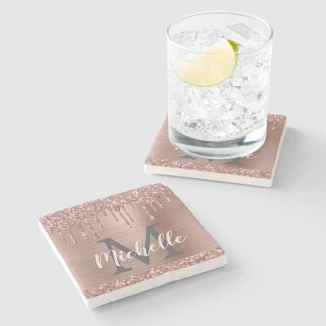 Moderne Rosa Rose Gold Glitzer Tropfen Personalisi Steinuntersetzer (Seitenansicht)
