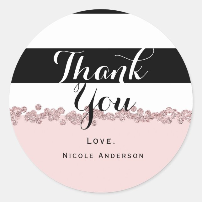 Moderne Rosa Rose Gold Schwarz & Weiß Streifen Runder Aufkleber (Vorderseite)